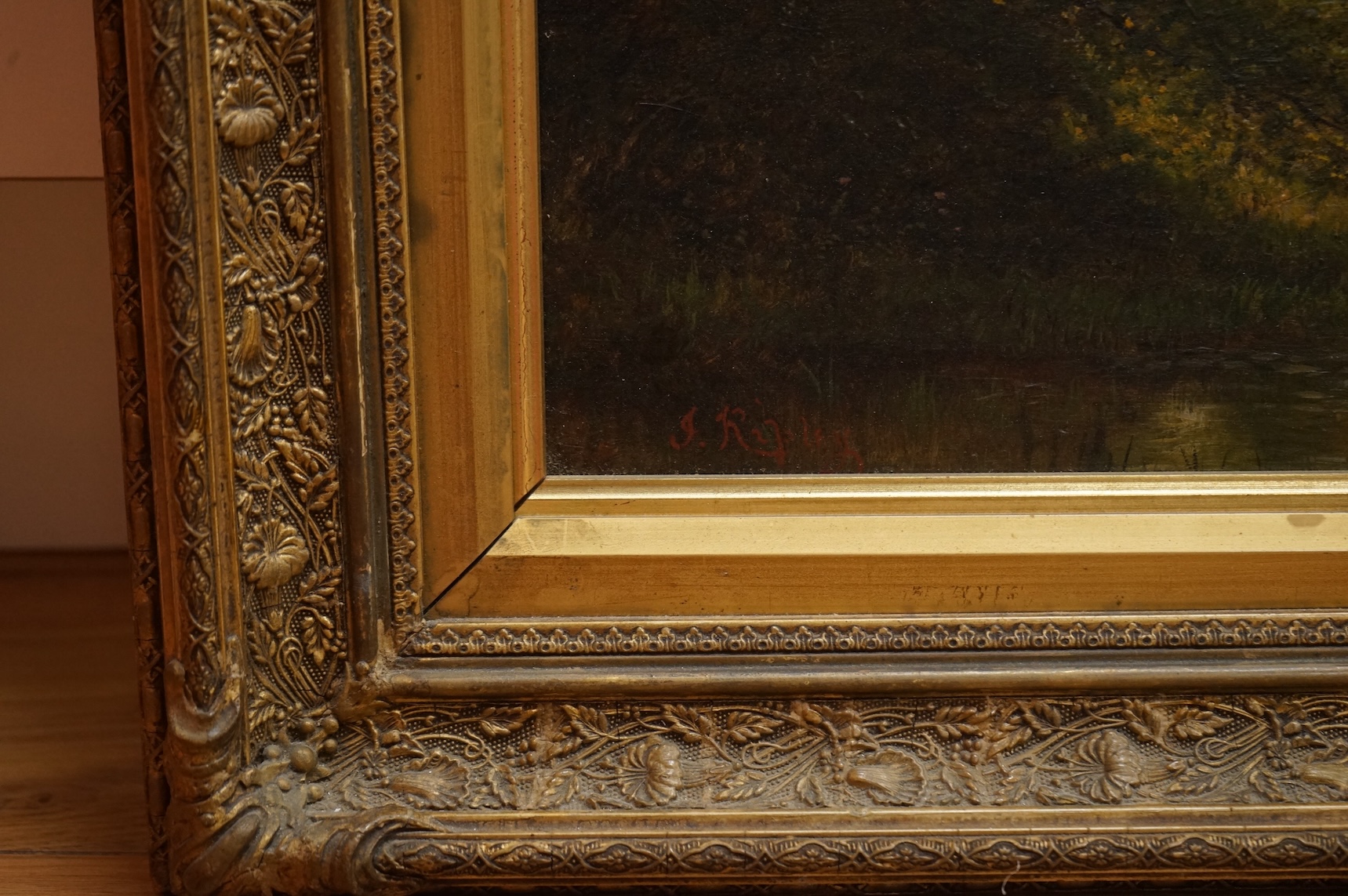 J. Ripley (19th. C), Riverscape, signed, oil on canvas, 29 x 43cm, gilt framed